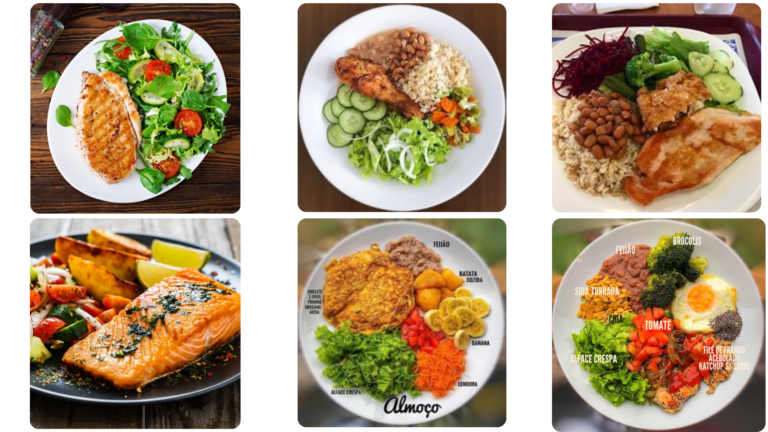 Prato colorido com alimentos saudáveis, incluindo vegetais frescos, proteínas magras e grãos integrais.