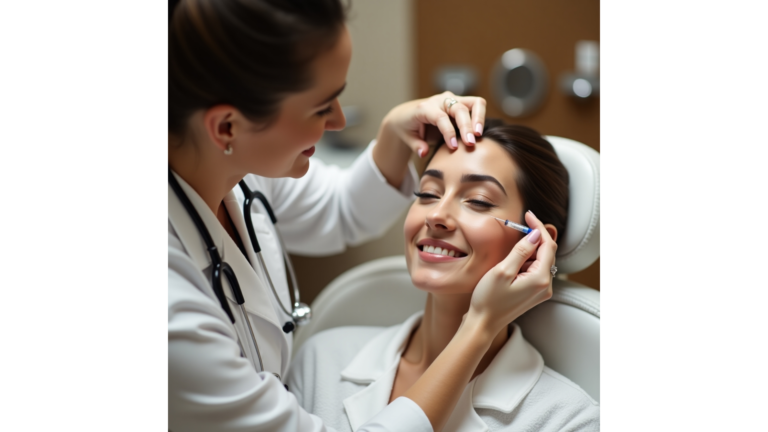 Profissional da área estética realizando a aplicação de Botox em uma cliente dentro de uma clínica moderna e segura.