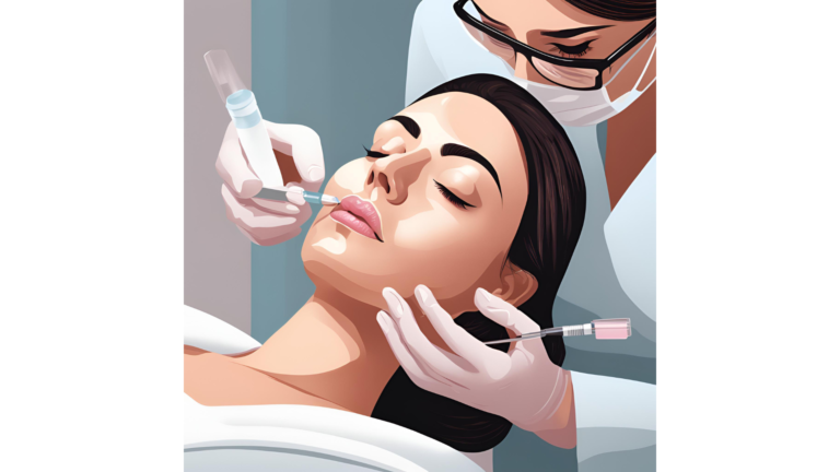 Profissional de estética aplicando ácido hialurônico em uma cliente dentro de uma clínica moderna e segura.