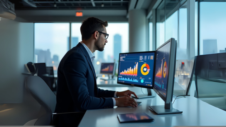 Um gestor de tráfego pago analisa atentamente gráficos de marketing digital em vários monitores, avaliando métricas de desempenho e otimizando campanhas.