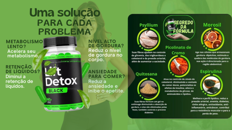 Pote de Lift Detox Black ao lado de cápsulas e ingredientes naturais.