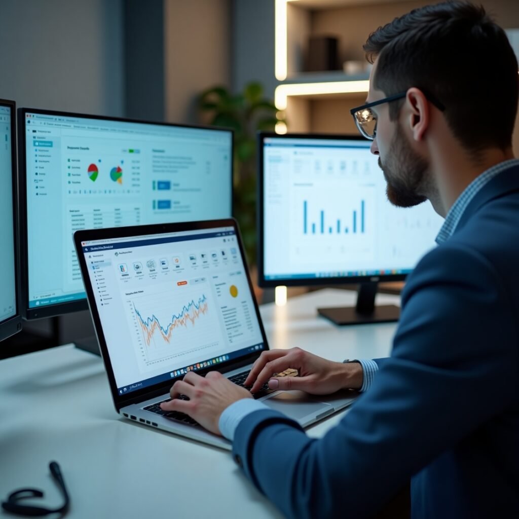 Um profissional focado analisando métricas de anúncios em um computador, com telas exibindo gráficos, dashboards e indicadores de desempenho de campanhas em plataformas como Google Ads e Facebook Ads.