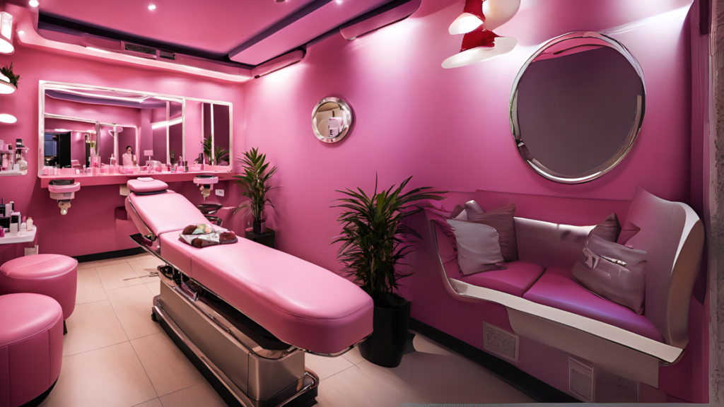 Profissional de estética realizando um procedimento facial em uma cliente dentro de uma clínica moderna e bem iluminada.