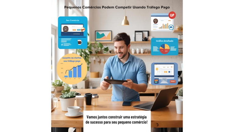 Pequeno empresário analisando contribuições de anúncios no computador, demonstrando crescimento do negócio com tráfego pago.