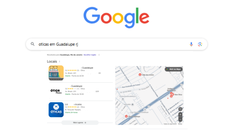 Tráfego Pago para Óticas Empresário analisando insights do Google, com gráficos de crescimento e mapa de localização em destaque.